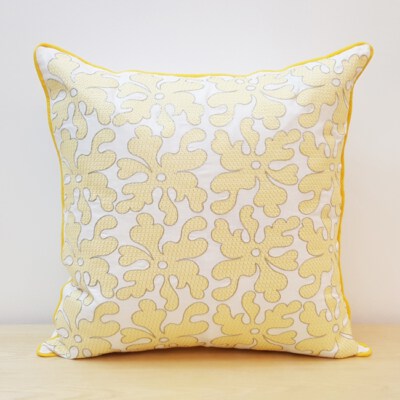 Abstract Damask Embroidered Cushion Cover (Linen, Silver Metallic Embroidery, 20" X 20", Zipper Closure, Custom Label)