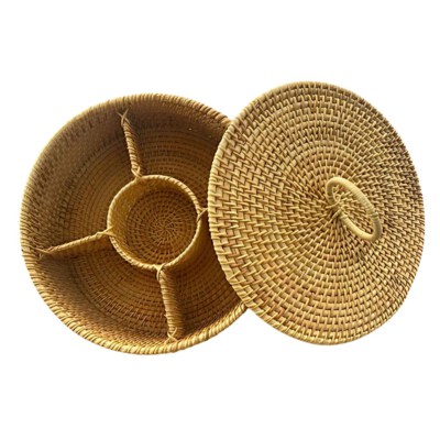 Round Rattan Candy Storage Box With Partition