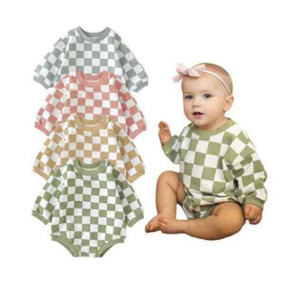 Product Name: Customized Unisex Organic Cotton-Spandex Knit Baby Romper (Checkered Pattern, Full Sleeve, Snap Button, OEM/ODM Service, Made In Hanoi, Vietnam)