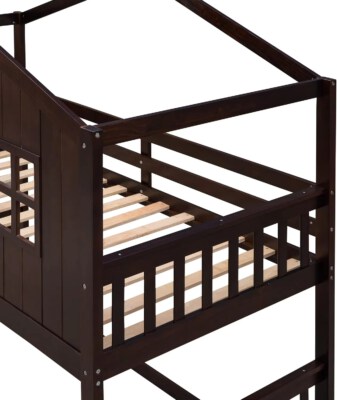 Twin Over Twin House Bunk Bed Frame (Roof Guard Rail, Ladder, Eco-Friendly)