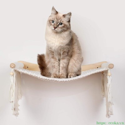 Natural Wood Cat Wall Shelf Hammock (100% Cotton Macrame Ropes, White/Customizable, 13.5" X 21" X 1")