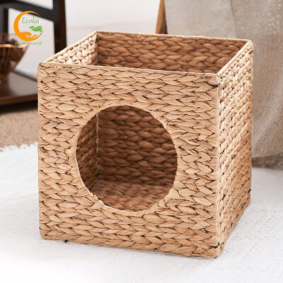 Water Hyacinth Woven Cat Bed Cave (Natural & Light Brown, Iron Frame, 13" X 13" X 13")