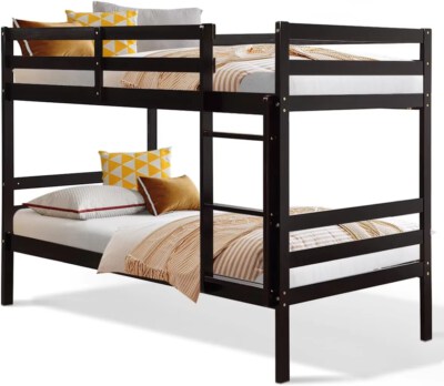 Modern Twin Solid Pine Wood Bunk Bed (High Guardrails, Flat Slat Design, Space-Saving)