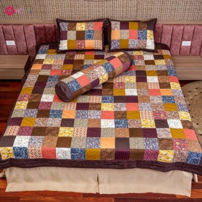 Classic Brown Patchwork Quilted Blanket (Square Patchwork, Free-Motion Quilting, Custom Size)
