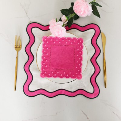 Luxury Linen Dinner Placemats Napkins (OEKO-TEX Certified 100% European Linen, Double Fabric, Scalloped Edge, Embroidered, Reusable, Custom Logo)