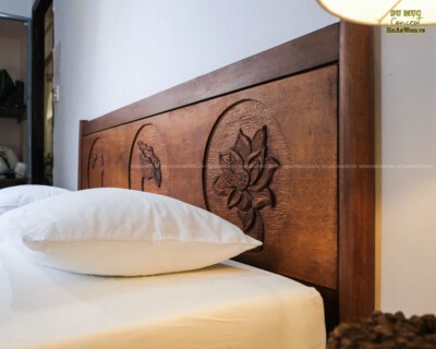 Rustic Reclaimed Wood Bed Frame (Lotus Carved Headboard, GG005)