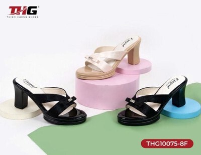 High-Heel Slide Sandals THG10075 (Microfiber, 8 Cm Heel, Black/Beige, Size 35-39)