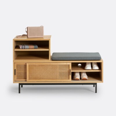 Oak Shoe Rack With Cushion Seat (OAKKG11, Oak + Rubberwood Oak Veneer, PE Rattan, Steel)