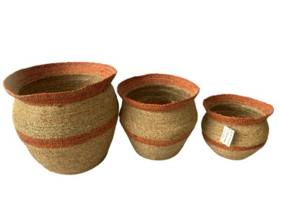 Handmade Seagrass Belly Basket – Round Eco-Friendly Storage Basket with Terracotta Stripes