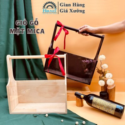 Premium Natural Wood Gift Basket (Clear Mica Top, Carry Handle)