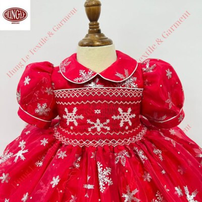 Christmas Holiday Smocked Girls Dress (Full Red, Shiny Organza, Hand-Smocked & Snowflake Embroidery, ODM/OEM)