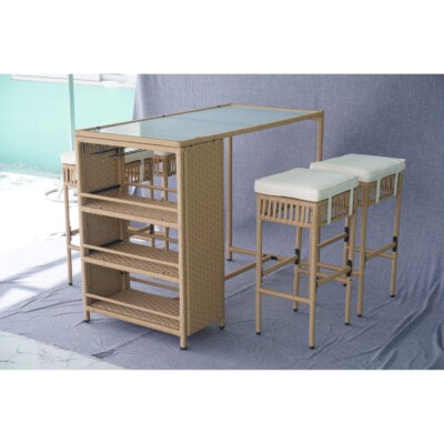 5-Piece Outdoor PE Rattan Bar Set With Glass-Top Table And Cushioned Bar Stools (Handwoven PE Rattan, Powder-Coated Steel Frame)