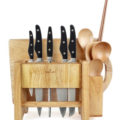 Multi-Purpose Knife & Cutting Board Organizer (Rubber Wood, Vertical Stand, Model KD01)