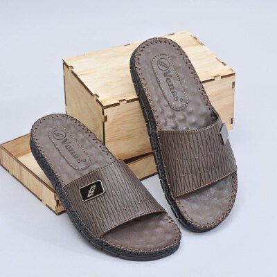 Men’s Cow Leather Slide Sandals (Edge-Stitched Strap, Slip-On Comfort)