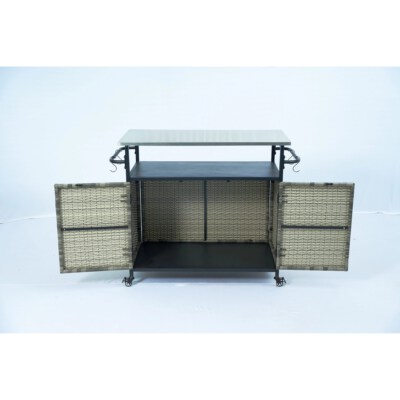 Outdoor PE Rattan Wicker Bar Cart Cabinet (Tempered Glass Top, Double Doors, Caster Wheels)