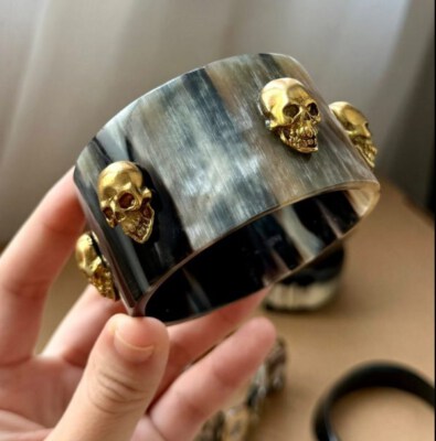 Handcrafted Skull-Shaped Buffalo Horn Cuff Bracelet
