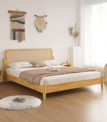 Rattan Wood Platform Bed (White Finish, Custom Size, Faux Leather Upholstery)