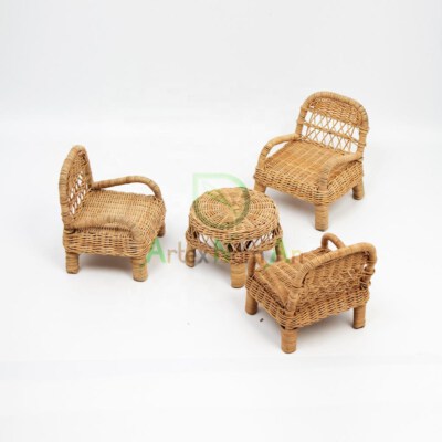 Mini Rattan Dollhouse Table & Chair Set