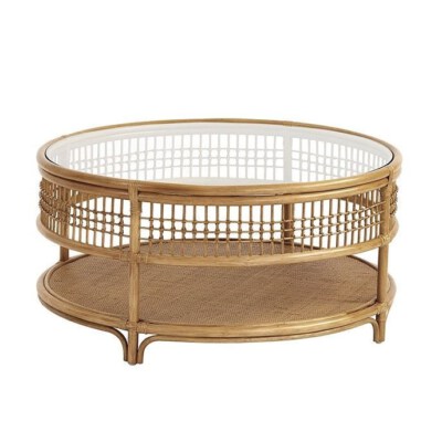 Handcrafted Rattan Coffee Table With Clear Glass Top (Natural Rattan, Clear Glass, Size 50 x 80 x 80 cm)