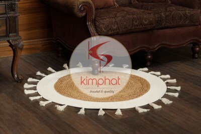 Water Hyacinth & Cotton Oval Rug (Eco-Friendly, Handwoven, Tassel Border, Multiple Sizes)