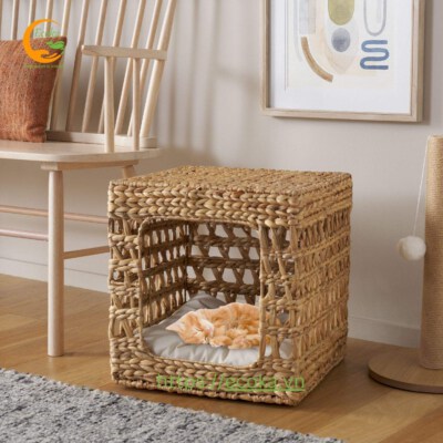 Cube Woven Hyacinth Cat Hideaway Bed (Natural, Removable Cushion, Floor-Standing, Indoor Use)