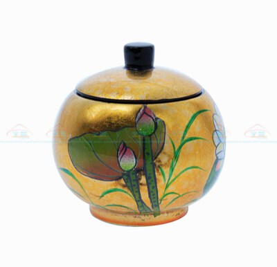 Hũ Sơn Xanh Sen Ø8 cm (Gỗ, Sơn, In Mẹ Trai, Vàng Lá)