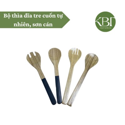 Natural Bamboo Cutlery Set (Rolled Design, Lacquered Handle, Biodegradable)