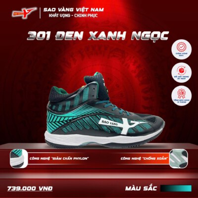 Volleyball Shoes Model 301 (Black/Emerald Blue, Gel Cushioning, High-Abrasion Rubber Outsole)