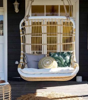Double Rattan Swing Chair (Natural Rattan, Beige, Cushion Included)