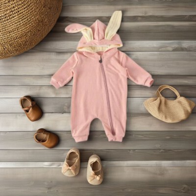 GOTS Certified Organic Cotton-Spandex Newborn Unisex Ribbed Romper & Easter Bunny Hat Set (Zipper Closure, OEM/ODM Service, Made In Hanoi, Vietnam)