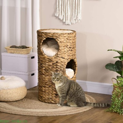 Multi-Layer Raised Water Hyacinth Cat Condo (Hand-Woven, Removable Washable Cushions, 15.75" X 15.75" X 28.75", Brown)