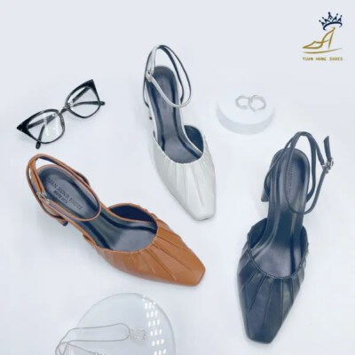 Pleated-Toe Slingback Block Heels (6 Cm Heel, Matte PU Upper)