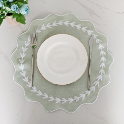 Round Linen Placemat Napkin (OEKO-TEX Certified 100% European Linen, Scallop Embroidery, Reusable, Custom Logo, Mint)