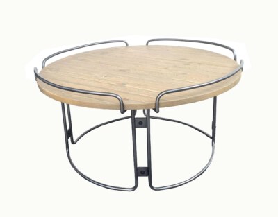 Modern Round Pine Wood Coffee Table (Pine Wood Top, Metal Tube Frame, Brown)