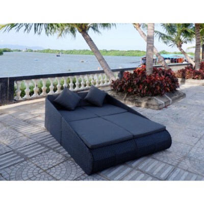 Double Rattan Wicker Sunbed Lounger (Weather-Resistant, UV-Resistant, With Backrest)