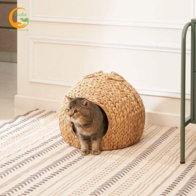 Water Hyacinth Woven Dome Cat Bed Cave (Iron Frame, Natural Brown, 18" X 18" X 18", Solid Weave)