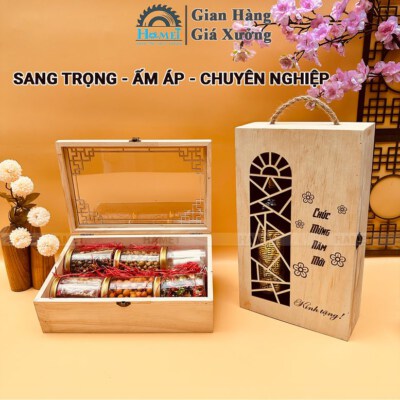 Laser Cut Pattern Wooden Gift Box (Carry Handle, Inner Dividers)