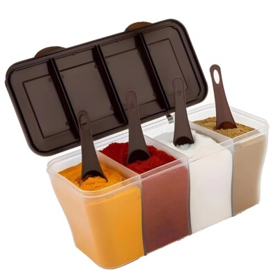 Kitchen 4-Compartment Spice Storage Box (PP Plastic, Eco-Friendly, With Lid & Spoon)