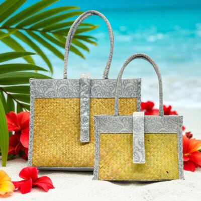 Cloud Pattern Mat Rush Bag – Large Size (Handwoven, Eco-Friendly, Natural Mat Rush & Printed Fabric)