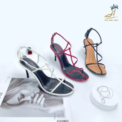 Thin-Strap Color-Block Stiletto Sandals (Pointed Toe, 8 Cm Heel)