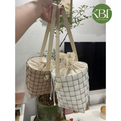 Checkered Recycled Plastic Bag (Handmade, White/Brown, 14 X 14 X H20 Cm)