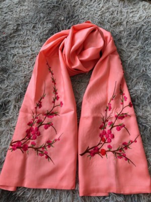 Women’s Premium Natural Silk Scarf With Embroidered Floral Detail