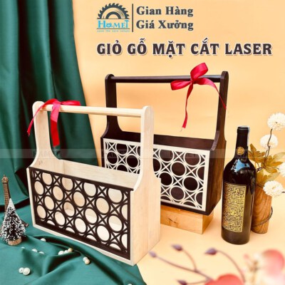 Premium Wooden Gift Tray Basket (Laser Cut Detail, Round Handle)