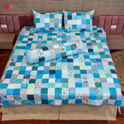 Jade Green Patchwork Quilted Blanket (Handmade, Custom Size)