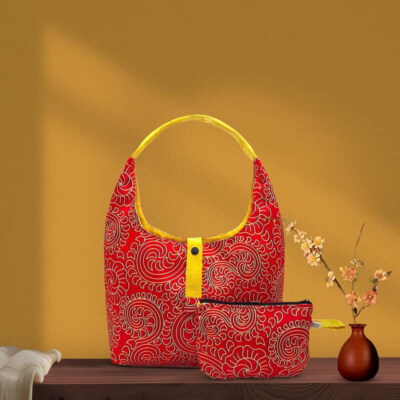 Traditional Pattern Shoulder Bag Set (Upcycled Fabric, Multi-Color, With Matching Pouch)