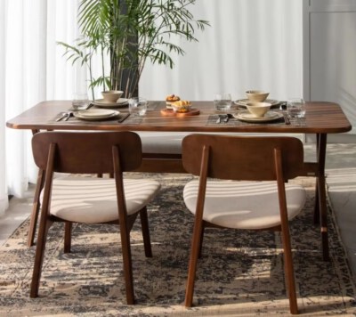 Modern Cushioned Dining Chair (Natural Rubberwood Frame, Wrinkle-Resistant Polyester, Brown/Beige Cushion, Made In Vietnam)