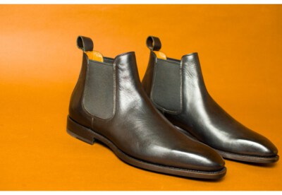 Black Chelsea Boot Leather Shoes (Handmade, French Calf Leather, Stitched Leather Sole)