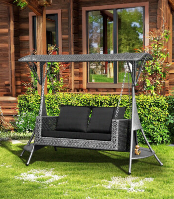 Modern Artificial Rattan Swing with Canopy for Indoor and Outdoor Relaxation