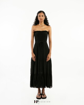 Long Black Silk Dress with Organza Panels An Dat