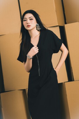 Black Linen Zip-Up Dress An Dat